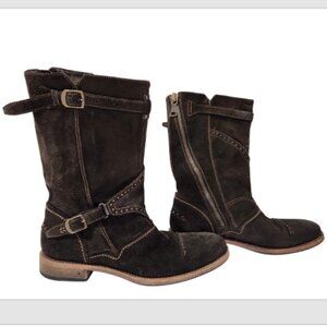 John Varvatos Italy Hand Made Suede Mid Calf Studded Buckle Straps Zip Boots